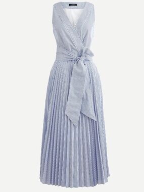 J.Crew Pleated V-neck Midi Dress Striped Blue White Sleeveless Garden Party Sz 0